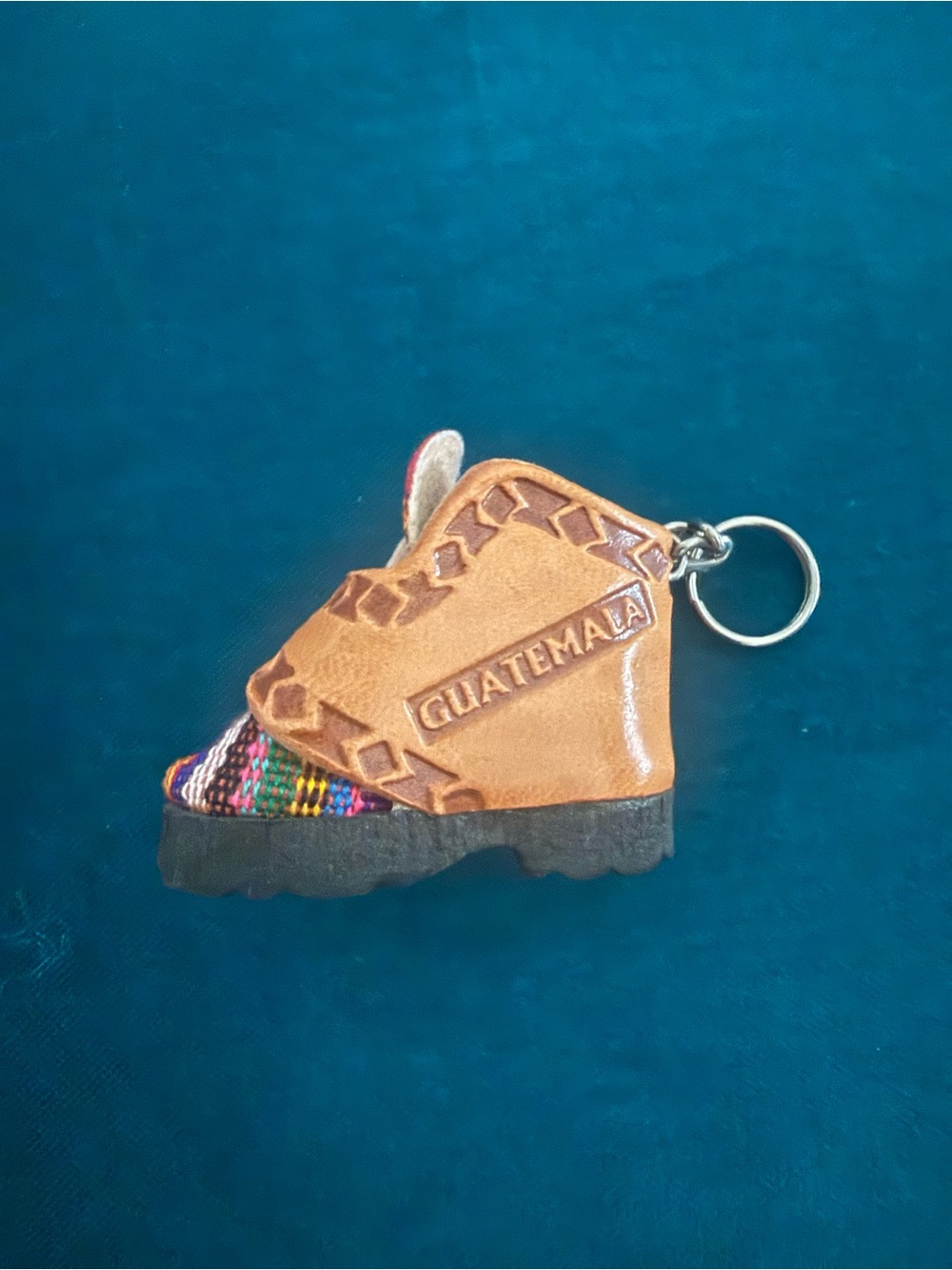 Guatemala Mini Leather Boot Keychain Woven Textile Souvenir